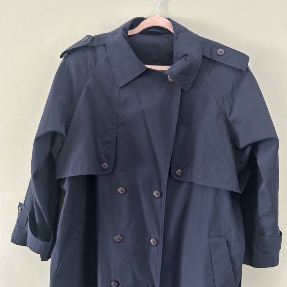 Vintage Twilight Navy Blue 90’s Euro Chic Belted Trendy Equestrian Trench Coat - Picture 7 of 8